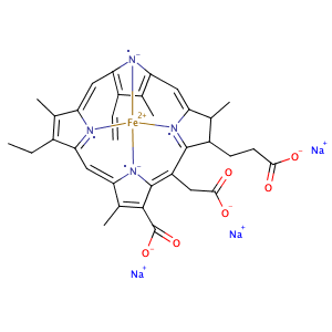 [(7S,8S)-3-carboxy-5-(carboxymethyl)-13-ethenyl-18-ethyl-7,8-dihydro-2,8,12,17-tetramethyl-21H,23H-porphine-7-propanoato(5-)-κN21,κN22,κN23,κN24]-Ferrate(3-), trisodium,CAS No. 69138-22-3.