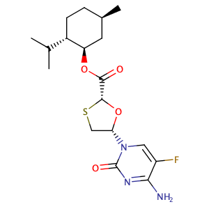 (2R,5S)-5-(4-amino-5-fluoro-2-oxo-2H-pyrimidin-1-yl)-[1,3]-oxathiolane-2-carboxylic acid, 2S-isopropyl-5R-methyl-1R-cycIohexyl ester,CAS No. 764659-72-5.