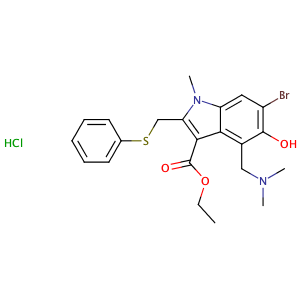 ethyl6-bromo-4-[(dimethylamino)methyl]-5-hydroxy-1-methyl-2-[(phenylsulfanyl)methyl]-1H-indole-3-carboxylatehydrochloridehydrate,CAS No. 131707-23-8.