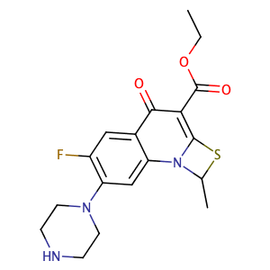 Ethyl 6-fluoro-1-methyl-4-oxo-7-(piperazin-1-yl)-1,4-dihydro-[1,3]thiazeto[3,2-a]quinoline-3-carboxylate,CAS No. 113028-17-4.