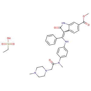 3-Z-[1-(4-(N-((4-methyl-piperazin-1-yl)-methylcarbonyl)-N-methyl-amino)-anilino)-1-phenyl-methylene]-6-methoxycarbonyl-2-indolinone monoethanesulfonate salt,CAS No. 656247-18-6.